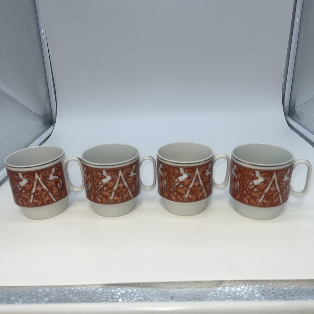 Set of 4 Vintage Unicorn Orange & White w/ Gold Trim Stacking Coffee Mugs Vtg